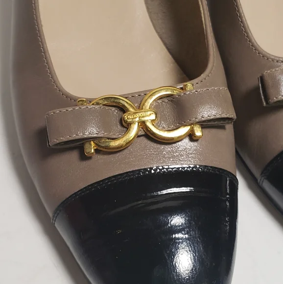 Ferragamo Tan and Black Gold Logo Heels - Picture 6 of 8